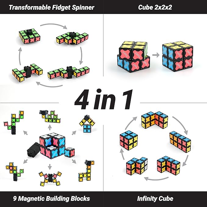 TOSY Magnet Fidget Spinner Mini - 8 Blocks, 3in1 Toy: Transformable Fidget Spinner, Infinity Cube, 2x2 Puzzle Cube, Easter Basket Stuffers Gift for Kids/Adult, STEM Sensory Stress Relief Toy, 2-Pack