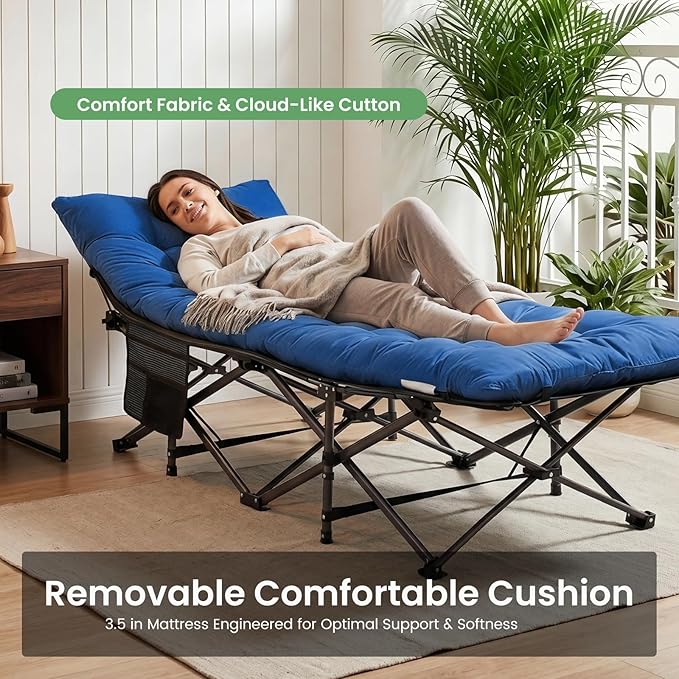OLIXIS Folding Camping Cot, Rollaway Bed, Portable Camping Bed for Indoor & Outdoor, Sleeping Cot for Adults, 3.5'' Cushion, 440 lbs Sturdy Frame, Quick Setup, Compact Carry & Storage, Blue