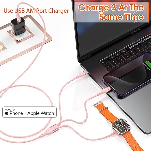 Apple Watch Charger Multi Charging Cable 6FT, Nylon Braided USB AM Port to Lightning Type C USB C Cord iWatch Magnetic Wireless 3 in 1 Charging Wire for iPhone Android Phone and iWatch