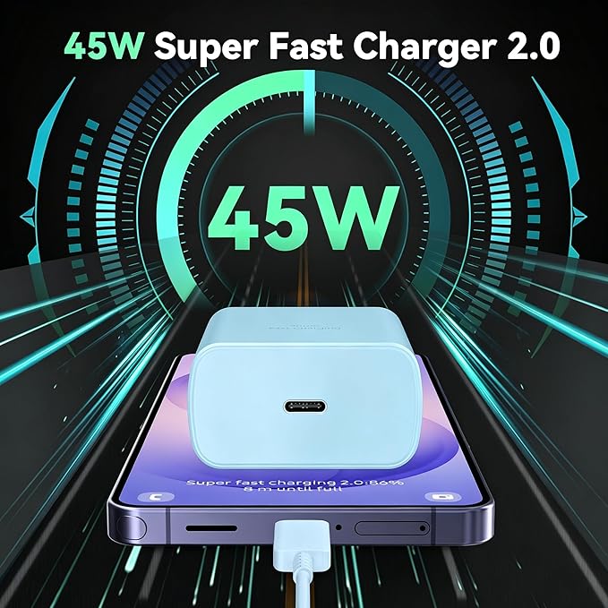 45W Super Fast Charger USB C Android Phone Type C Charger Fast Charging Block with 6.6FT Cord for Samsung Galaxy S26/S26 Ultra/S26+/S25 Ultra/S25/S24 Ultra/S24/S23 Ultra/S22/S21/S20/Note 10, Blue
