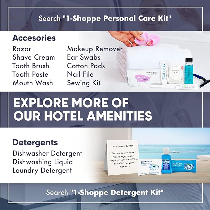 H2O Therapy Hotel Soaps & Toiletries Bulk Set | 1-Shoppe Amenities Kit | 0.85oz Shampoo & Conditioner, Body Wash, Lotion, 1oz Bar Soap | Travel Size | 300 Pieces
