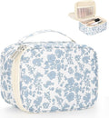 Relavel Travel Makeup Bag, Mini Floral Cosmetic Bag with 2 Makeup Brush Holders, Portable Makeup Pouch for Women, Cute Toiletry Bag with Double Layer Organizer, Blue Flower-Smaller