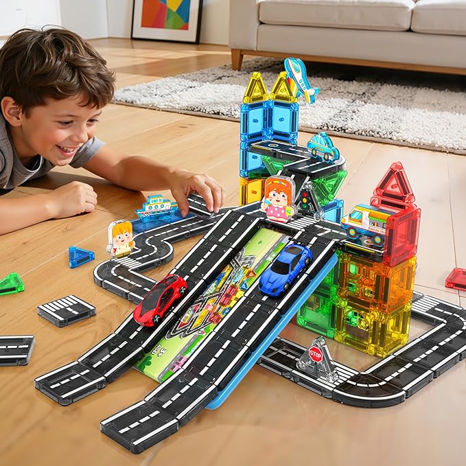 Mini Magnetic Tiles Road Travel Essentials Set — Portable STEM Sensory Magnetic Building Blocks for Toddlers & Preschool Toys, Compact Travel Toys for 3+ Boys & Girls, Easter Birthday Gift