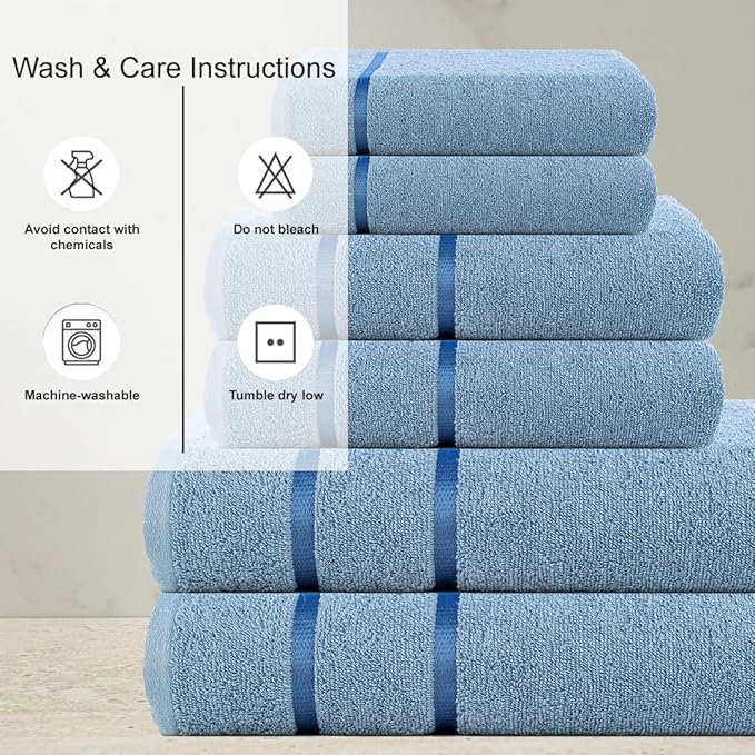 CASA COPENHAGEN Eternal 6Pcs 100% Egyptian Cotton Large Designer Towels Gift Set- Dusty Blue, 500 GSM, 2Bath 2Hand 2Washcloths, Bath Towels for Bathroom Set for Women & Men
