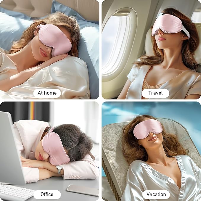 LitBear 100% 22 Momme Mulberry Silk Sleep Mask - 3D Contoured Eye Mask for Men Women, Soft Breathable Sleeping Mask with Adjustable Strap, Perfect Blocks Light for Sleeping (Light Pink)