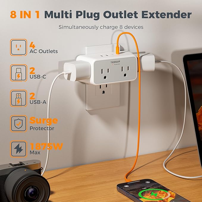 TESSAN Multi Plug Outlet Extender, Surge Protector 4 Outlet Splitter with 4 USB Ports (2 USB C), 3 Side Multiple Wall Plug Expander for Home Office Kitchen Dorm Room Essentials