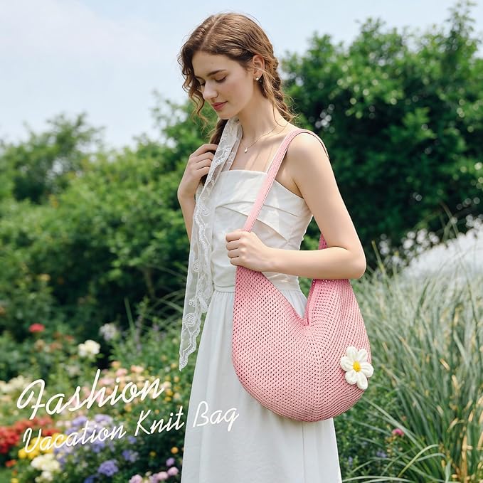 Premillow Crochet Beach Bags for Women, Summer Beach Tote Bag, Mesh Cute Beach Purse, Aesthetic Knit Bag Handbag Shoulder Bag
