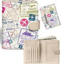 Slohif Passport Wallet Holder Cover for Travel - Women Men RFID Blocking Passport Book Case Protector, Cream Stamp Airplane Leather Personalized Organizer Slim Carrier Boarding Pass Cards Slots