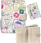 Slohif Passport Wallet Holder Cover for Travel - Women Men RFID Blocking Passport Book Case Protector, Cream Stamp Airplane Leather Personalized Organizer Slim Carrier Boarding Pass Cards Slots