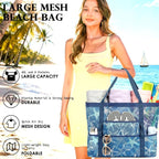 Fammart Mesh Beach Bag, Large Beach Tote with Zipper Pocket, Toys Pool Bag for Family Travel Vacation Cruise Essentials