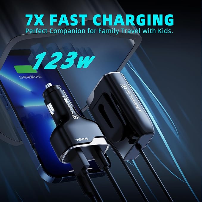 6 Multi Ports USB C Car Charger, 123W Fast Car Charger Adapter, PD 45W Compatible with iPhone17/Galaxy/Samsung S25, Type C Cigarette Lighter USB Charger with 5.7FT Cable for Rear Seat Charging(Black)