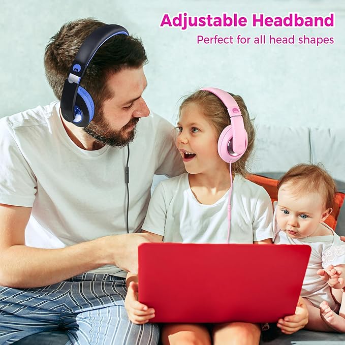 rockpapa Comfort+ Kids Headphones with Microphone, Boys Girls Student Over-Ear Headphones Wired Foldable for School Classroom Laptop PC Computer Tablet Pink