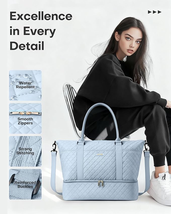 HOTOR Travel Duffel Bag - Weekender Bags for Women, Gym Tote Bags with Shoe Compartment, Carry On Overnight Bag with Toiletry Bag for Travel Essentials and Travel Accessories, Blue, 15.8"×18.1"×8.7"