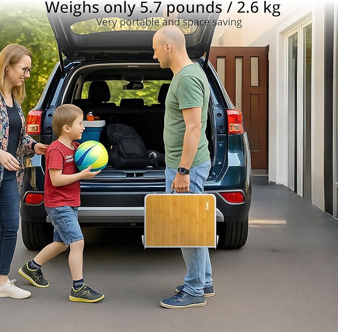 Anbte 2ft Camping Table Foldable, 3 Adjustable Heights High 27.5" Aluminum Small Folding Table with Carrying Handle, Portable, for Outdoor Indoor Picnic Beach BBQ Travel, 24" x 16", Light Oak Grain