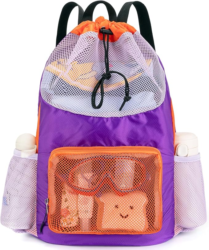 Swim Bag for Kids Mesh Beach Backpack for Boys Lightweight Drawstring Beach Bag Swimming Pool Sports Gym String Bag (Purple-Orange)