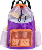 Swim Bag for Kids Mesh Beach Backpack for Boys Lightweight Drawstring Beach Bag Swimming Pool Sports Gym String Bag (Purple-Orange)