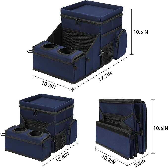 Backseat Organizer for Kids & Adults – Car Seat Cooler Warmer with 2-in-1 Writing Tray, Cup Holders & 11 Storage Compartments | Road Trip Car Organizer for Front & Back Seat (Black) (Navy Blue)