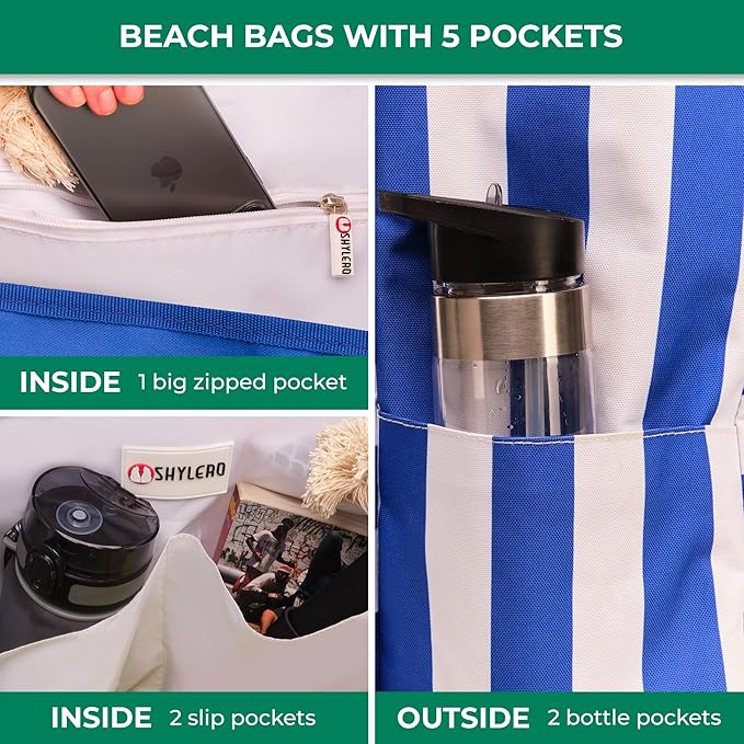 Beach Bag and Pool Bag Has Cooler Pocket, 7 Pockets Total, Zip Top. Family Size Waterproof Beach Tote