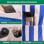 Beach Bag and Pool Bag Has Cooler Pocket, 7 Pockets Total, Zip Top. Family Size Waterproof Beach Tote