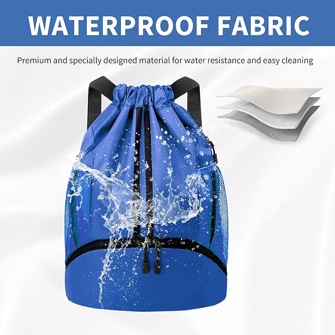 JELUTAR Drawstring Backpack Gym Bag with Shoes Compartment for Soccer, Basketball, Swim, Water-Resistant String Backpack Beach Cinch for Women Men, Blue, Medium