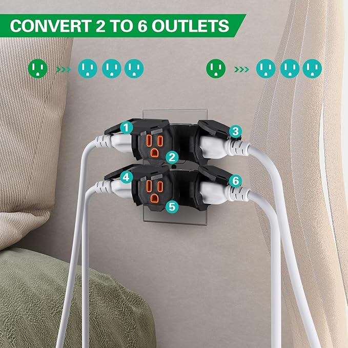 3 Outlet Indoor Outdoor Wall Adapter, ETL Listed 3-Prong Grounded Outlet Splitter, Weatherproof Heavy Duty Multi Outlet Power Plug Extender with Protective Cover, Black (Orange, 2 Pack)
