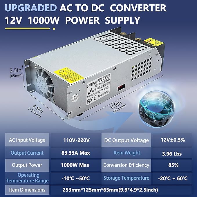 New Upgraded DIY SMPS 110V AC to DC 12V 83A 1000W Power Supply,12v Power Supply,110v to 12V Converter Voltage Transformer for Motor Pump CCTV 3D Printer Air Compressor Led (12V-83A-1000W)