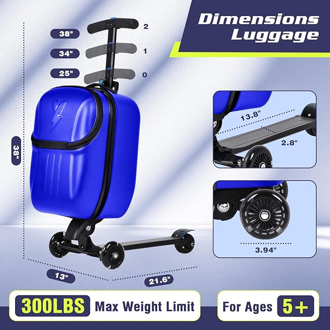 smilesun Top Opening Scooter Luggage for Kids & Adults，Foldable Scooter Suitcase with Front Opening，Lightweight Carry On Riding Suitcase For Children Teenagers Adults（21" Blue）