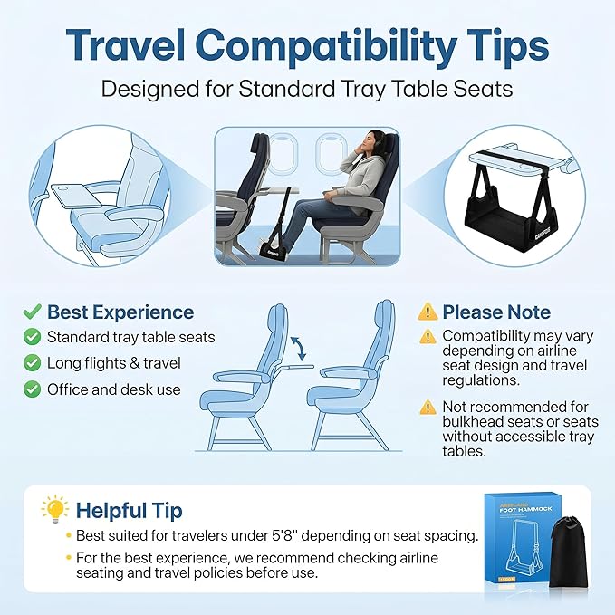 4 Pack Airplane Foot Hammock – Leg Pressure Relief Footrest for Plane Travel, No-Collapse Bamboo Support with Memory Foam Cushion, Adjustable Foot Sling for Long Flights & Office