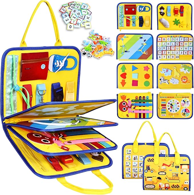 Esjay Toddler Busy Board Montessori Toys for Boys Girls, Sensory Book Educational Activities for Learning Fine Motor Skills, Birthday Gifts for Toddlers, Travel Toys for Airplane Car, Yellow Truck