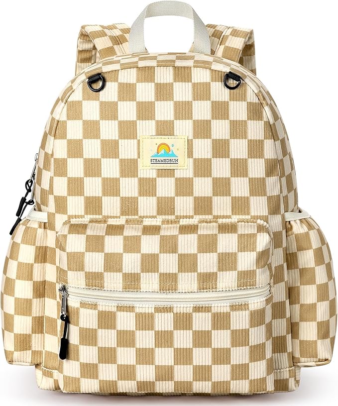 STEAMEDBUN Corduroy Kids Backpack for Girls and Boys 5-8: Girls Backpack for Elementary Kindergarten - 15 inch Cute Backpacks for Kids - Checkered