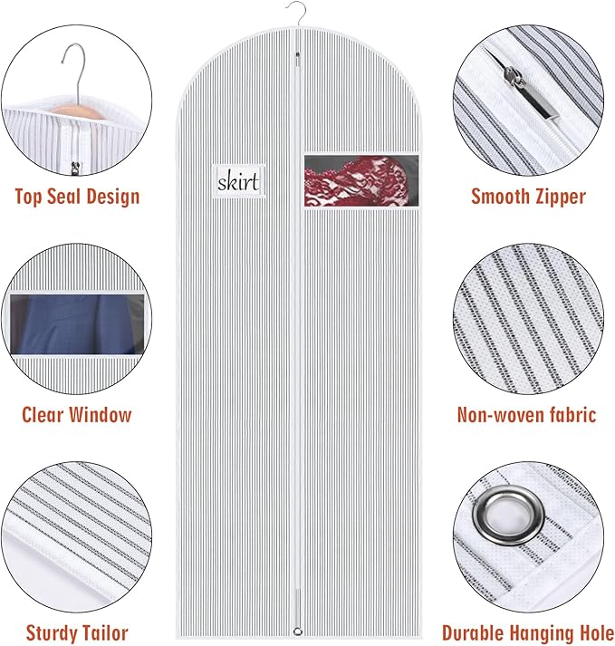 Univivi 60 Inch Lightweight Garment Bag for Hanging Clothes, Full Zipper Dress Bags for Gowns Dress Cover with Clear Window and ID Card Holder for Suits, Long Dress, Coats, 10 Pack, White