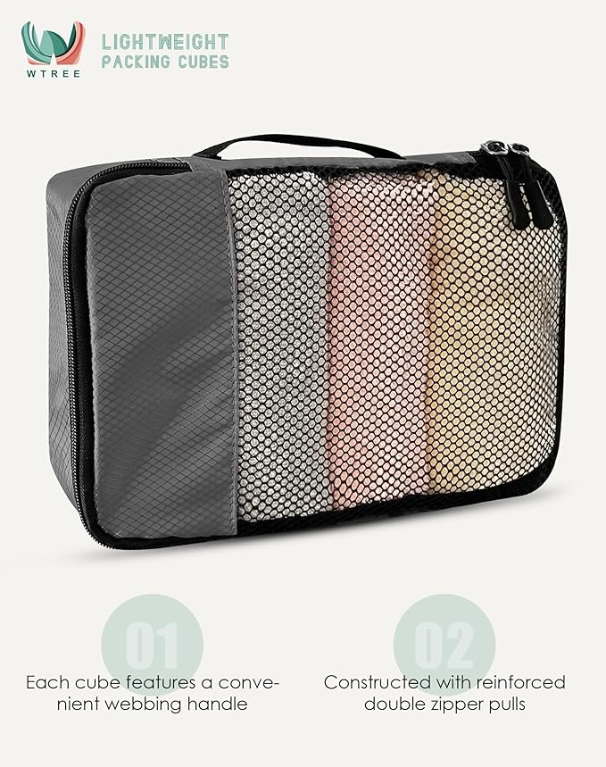 WTREE 4-Piece Packing Cubes Travel Accessories Set for Suitcases - Luggage Organizer Bags with Double Zipper - Mesh Top - Small - Dark Grey