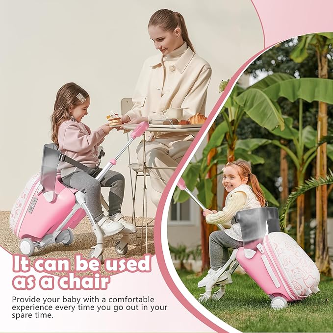 Kids Ride-on Luggage with Seat, 20 inch Carry On Suitcase, 2-in-1 Children's Luggage with Shockproof Silent Wheels and Guardrail for Airplane & Travels