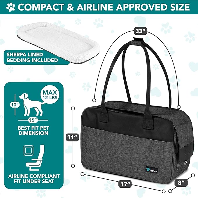 PetAmi Dog Purse Carrier for Small Dogs Cats, TSA Airline Approved Soft-Sided Pet Carrier with Pockets, Ventilated Travel Tote Bag with Bed & Shoulder Strap, Puppy Kitten, Max 12 lbs, Heather Charcoal