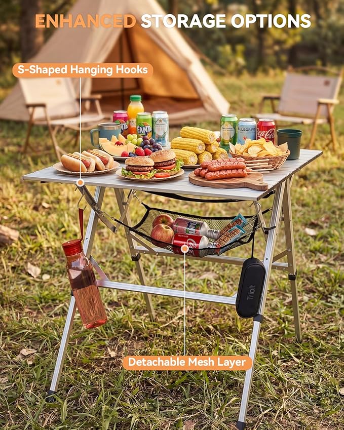 Sportneer Camping Table Folding Table, Bi-Fold Portable with Fast Open Design, Adjustable Height 16.5-27.6", 35.4"x23.6" Lightweight Aluminum Tabletop, Handle & Shoulder Strap for Outdoor Picnic