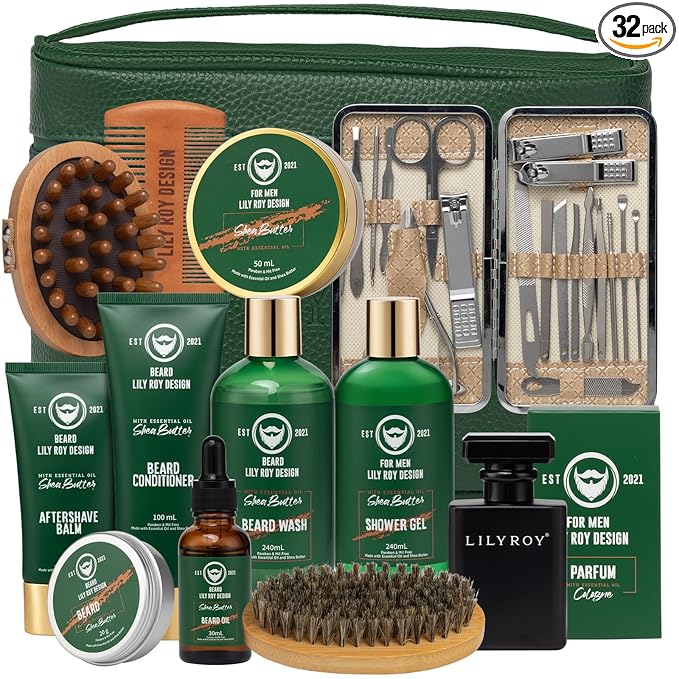 Fathers Day Spa Gift for Men - Luxurious 32Piece Shea Butter Bath & Beard Gift Set for Men Bath & Body Care Kit for Him | Christmas, Valentine's Day, Birthday, Spa Gift Set for Dad