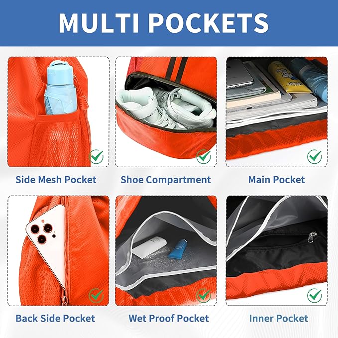 JELUTAR Drawstring Backpack Gym Bag with Shoes Compartment for Soccer, Basketball, Swim, Water-Resistant String Backpack Beach Cinch for Women Men, Red