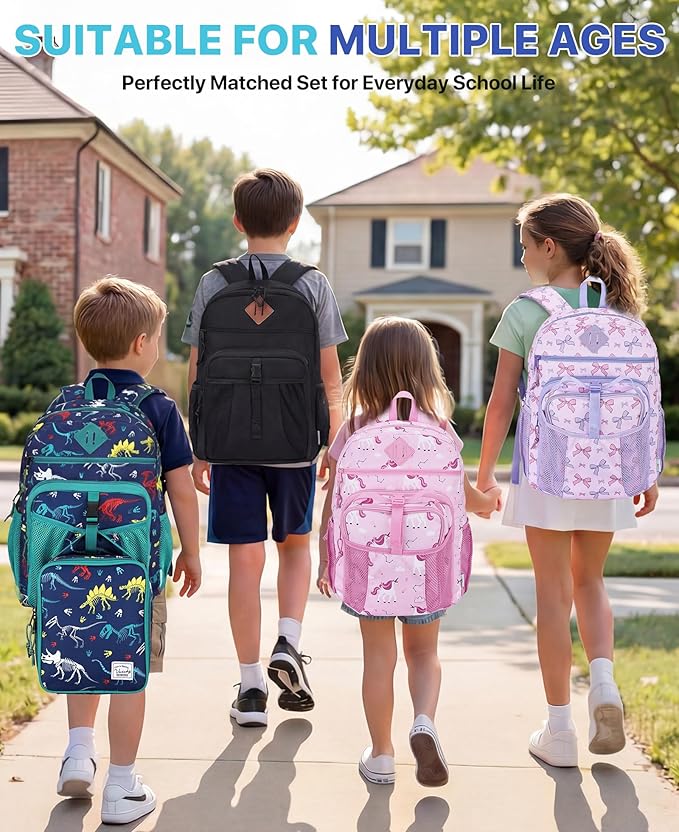 VASCHY Boy Kids Backpack & Lunch Bag Set, 2-in-1 School Bookbag with Insulated Lunch Box for Preschool, Daycare, Kindergarten & Elementary School – Navy Dinosaurs