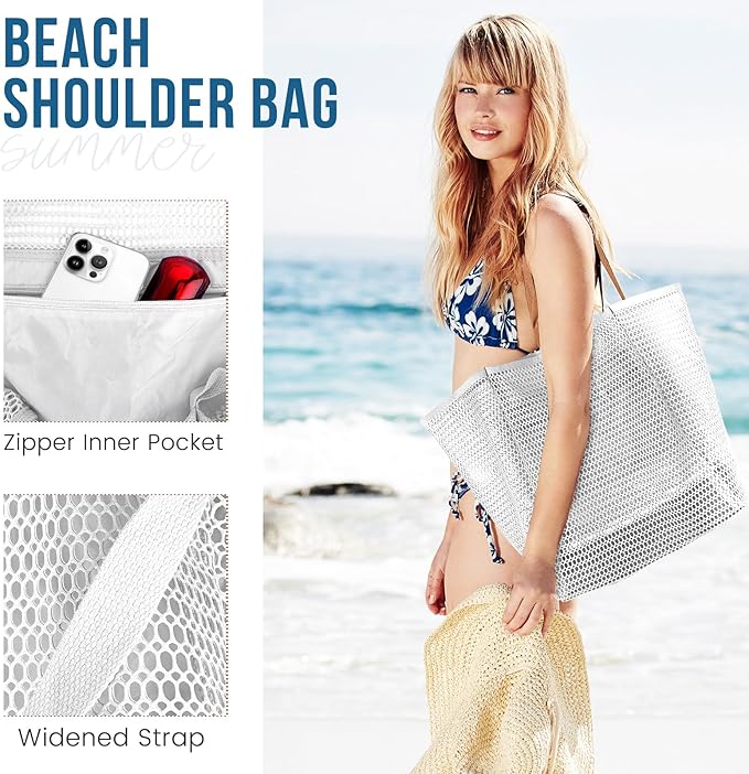 HOHOM Beach Bags for Women, Summer Travel Mesh Tote Bag with Large Inner Pocket, Sandproof Woven Shoulder Handbag
