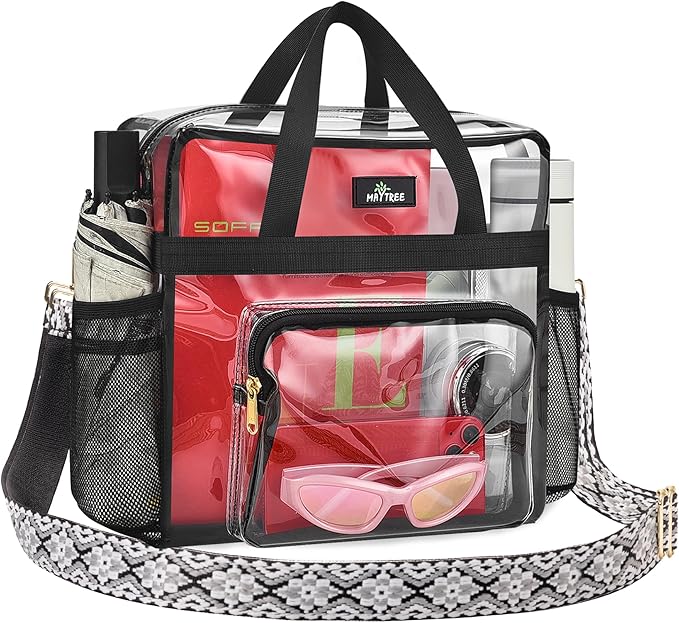 MAY TREE Clear Bag for Stadium Events, 12x6x12 Clear Tote Bag with Removable Strap, Transparent Bag for Concert Sports Gym, White Block-Strap