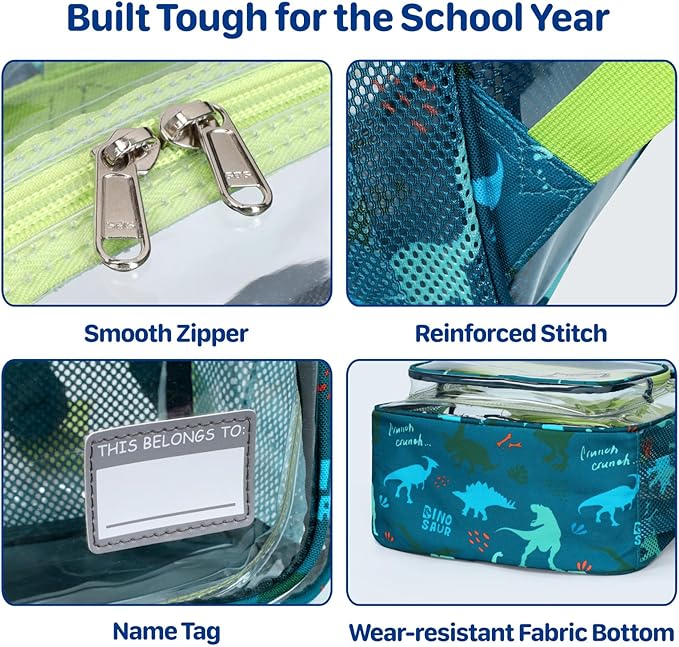 Bagseri Clear Backpack for Boys - 15 Inch Heavy Duty Kids Clear Bookbag for Kindergarten to Grade 2, Transparent School Bag with Reflective Strip, Fits Folders, Green Dinosaur
