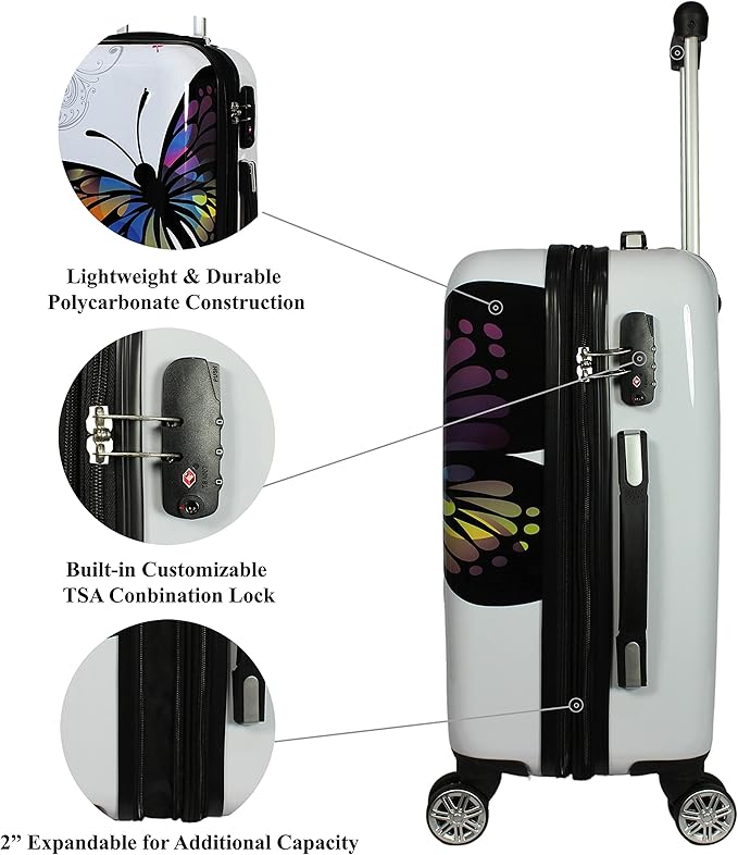 World Traveler VentureX Airline Approved 2-Piece Carry-On Luggage Set – Lightweight Hardside Polycarbonate Suitcase with Spinner Wheels - Butterfly