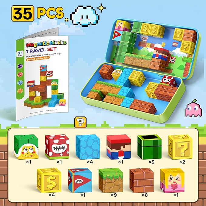 KAEILORU Magnetic Blocks Travel Toys for Kids Ages 4-8, 35 PCS Magnetic Cubes STEM Learning Set with Portable Iron Storage Box Construction Learning Toys for Toddlers Ages 3-5