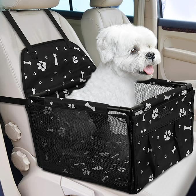 Dog Car Seat Foldable Dog Car Booster Seat Waterproof Breathable Oxford Travel Bag for Small to Medium Dogs, Puppies, and Pets-Pattern Black-Upgrade