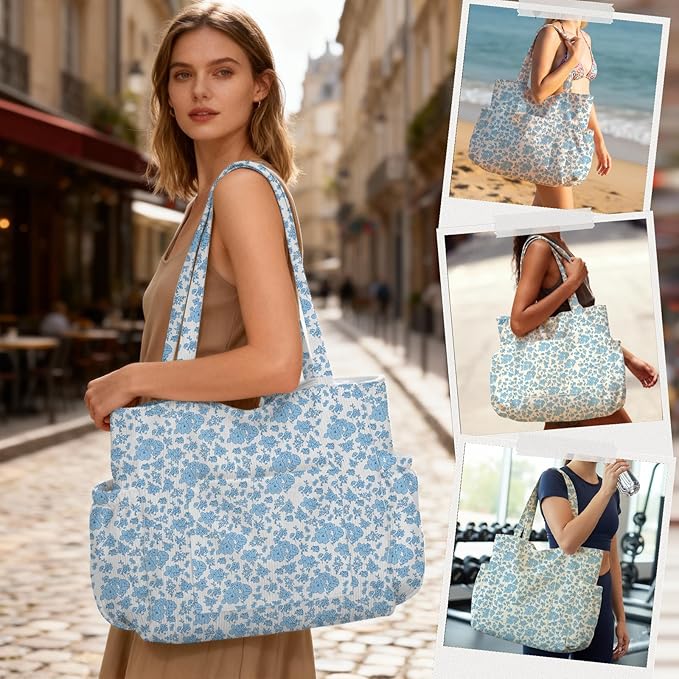 Corduroy Tote Bag for Women,Large Capacity Cute Tote Bags With 6 Pockets,Crossbody Shoulder Handbag for Work Travel Gym