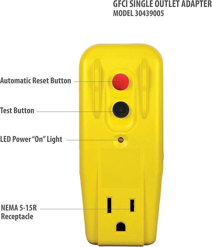 Tower Manufacturing 30439005-14 Auto-Reset 15 AMP Grounded 3-Prong GFCI Single Outlet Adapter, White