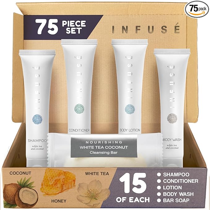 Infuse Pure White Tea and Coconut All-In-Kit Hotel Soaps and Toiletries Bulk Set | 1oz Shampoo & Conditioner, Body Wash, Lotion & 1.25oz Bar Soap | Travel Size 75 Pieces.