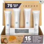 Infuse Pure White Tea and Coconut All-In-Kit Hotel Soaps and Toiletries Bulk Set | 1oz Shampoo & Conditioner, Body Wash, Lotion & 1.25oz Bar Soap | Travel Size 75 Pieces.