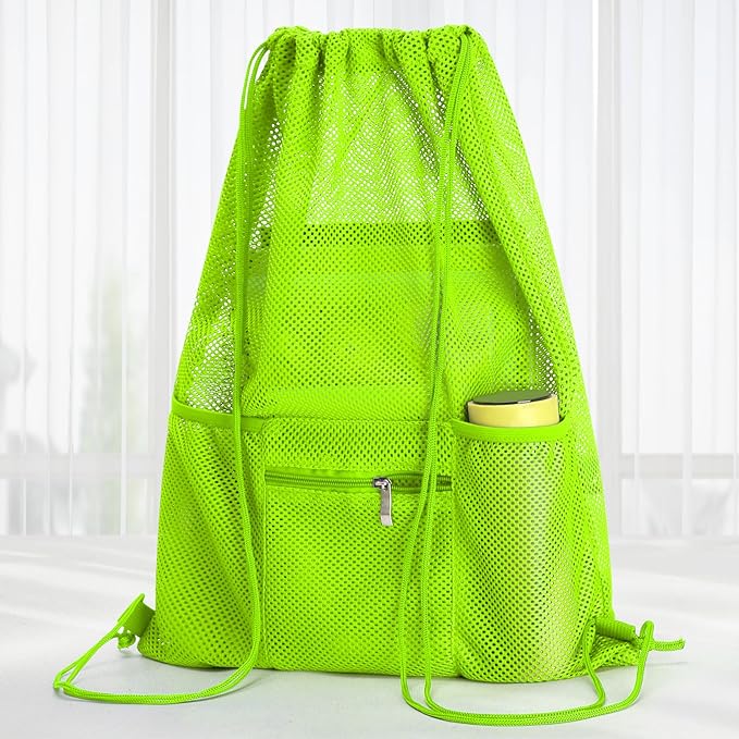 NATURAL STYLE Mesh Drawstring Backpack Bag, Gym Sports Bag with Zipper Pocket Bottle Holder, String Beach Bag for Swiming Travel (Green)