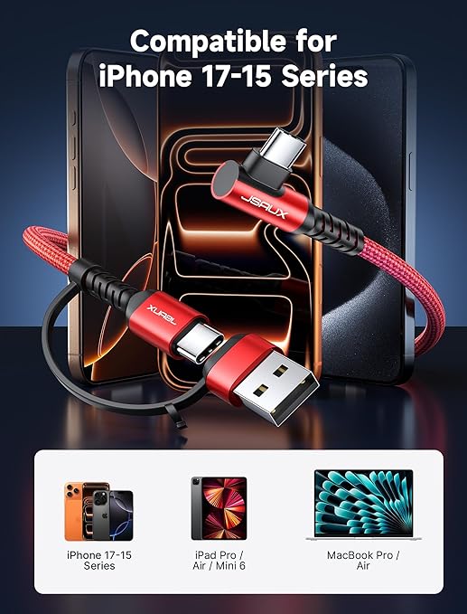 JSAUX 100W USB C Cable [2-Pack 6.6FT], Right Angle Fast Charging Cord with USB A to C Adapter for iPhone Air/iPhone 17/ iPhone 17 Pro/iPhone 17 Pro Max, iPhone 16/15, Samsung, MacBook, iPad - Red